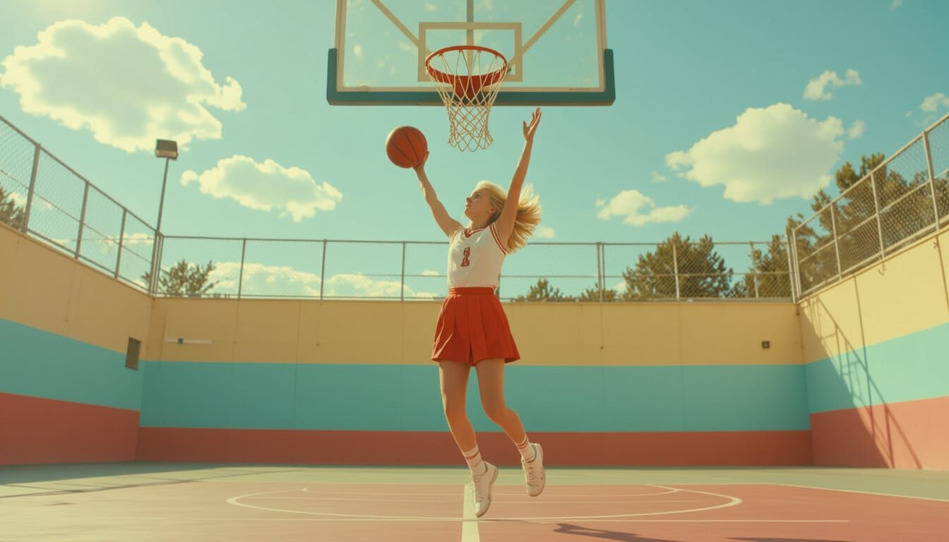 Blonde Girl Basketball Shot, Wes Anderson Style
