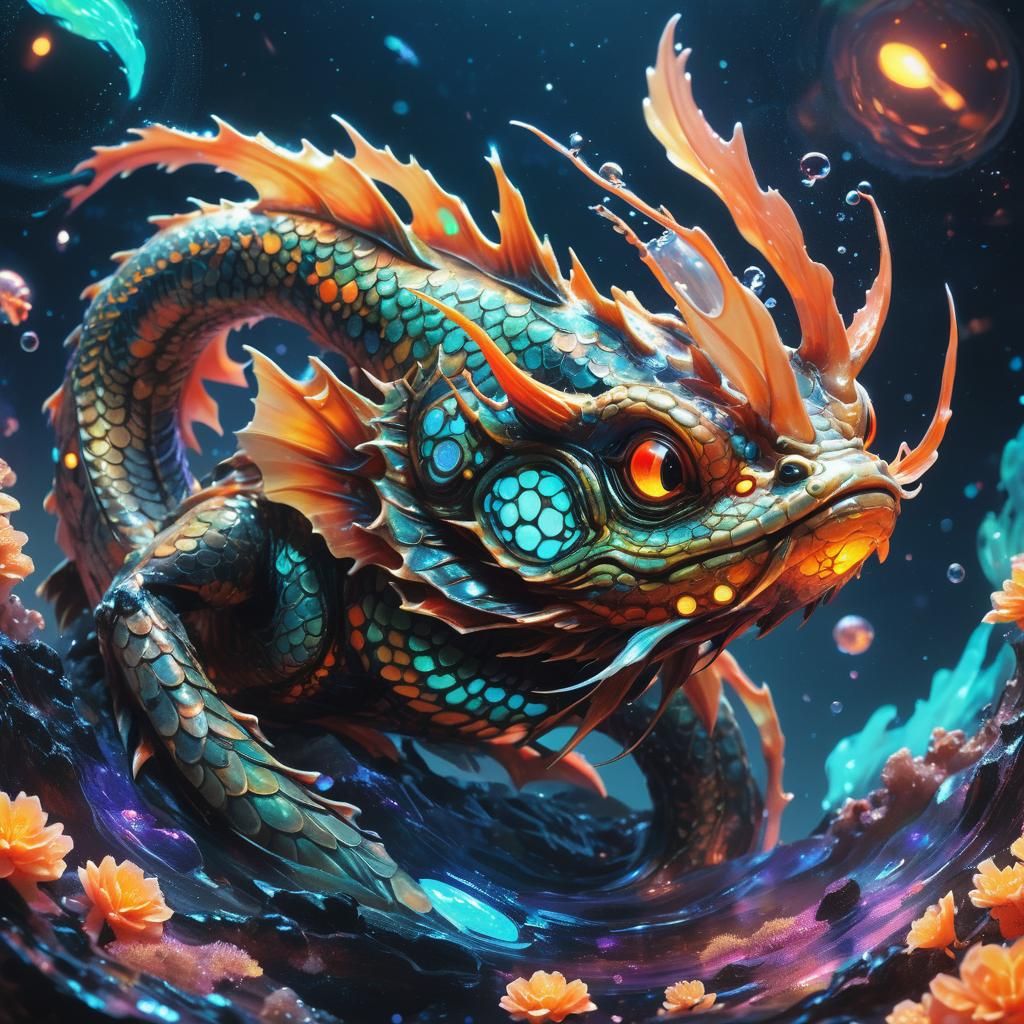 Alien Dragon-Koi Fish Hybrid in Neon Biomechanical Style
