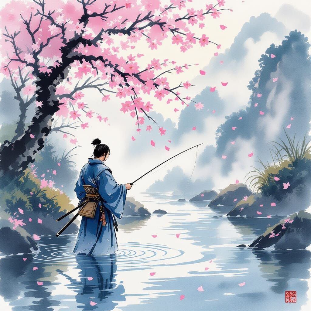 Samurai Fishing in Misty Mountain Stream, Sumi-e Style