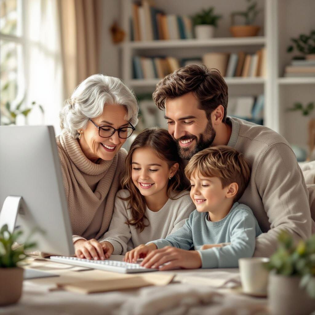 Happy Family Gathers Around Computer in Cozy Living Room
