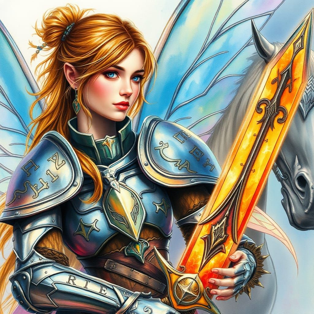 Warrior Fairy Portrait with Iridescent Armor, Watercolor Sty...