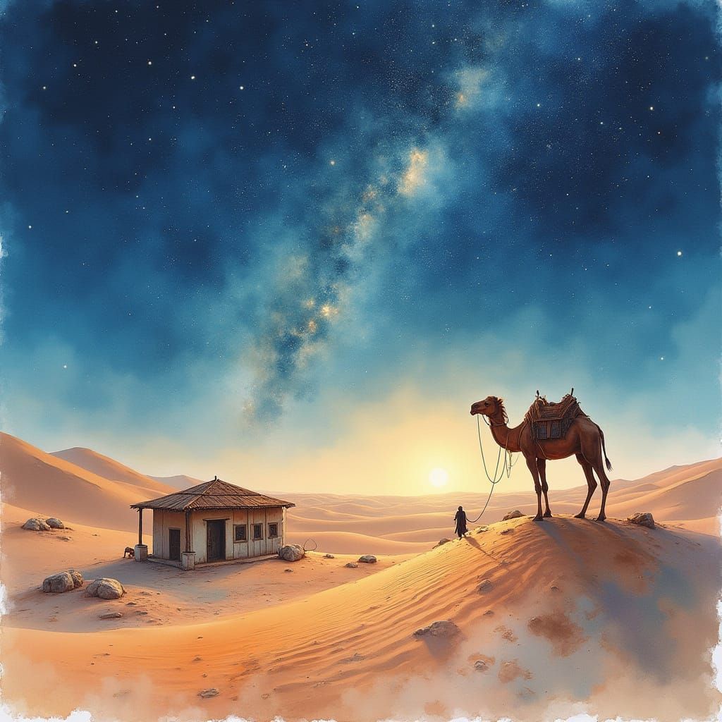 Desert Oasis at Twilight in Watercolour Style