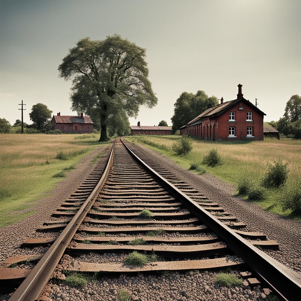 Railway Through Grassy Field at Sunrise: Matte Painting
