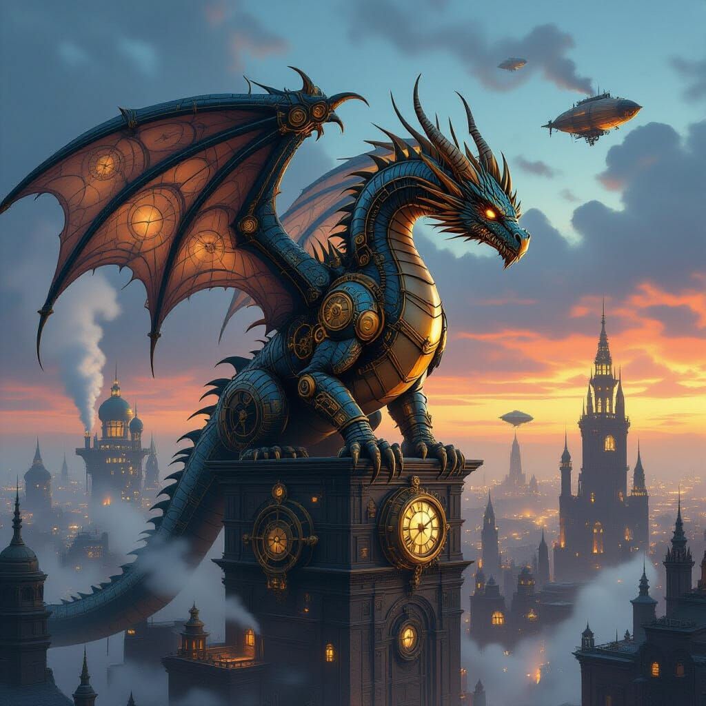Clockwork Dragon Over Steampunk Cityscape