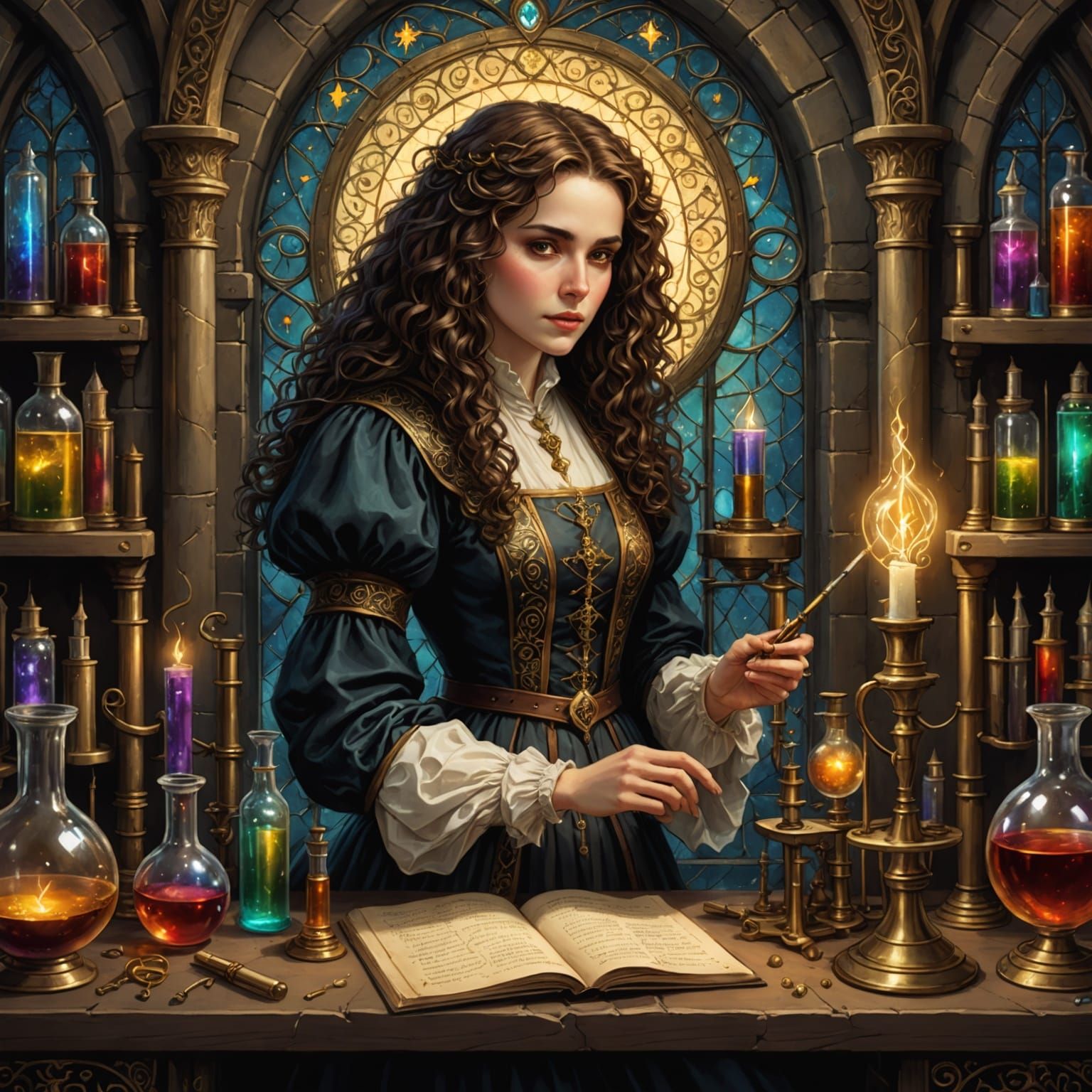 Gothic Fantasy Illustration with Gold and Silver Embossed De...