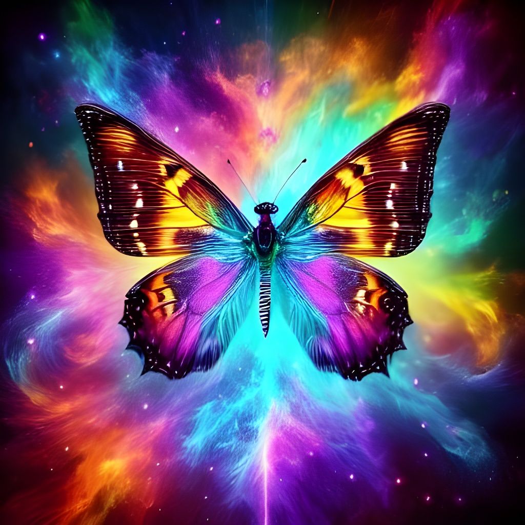 Glowing Butterfly with Rainbow Cosmic Wings
