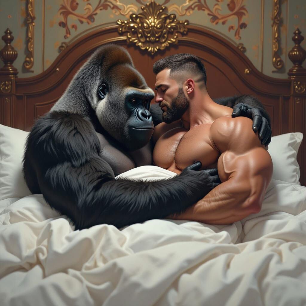 Gorilla and Bodybuilder's Tender Kiss, Detailed Matte Painti...