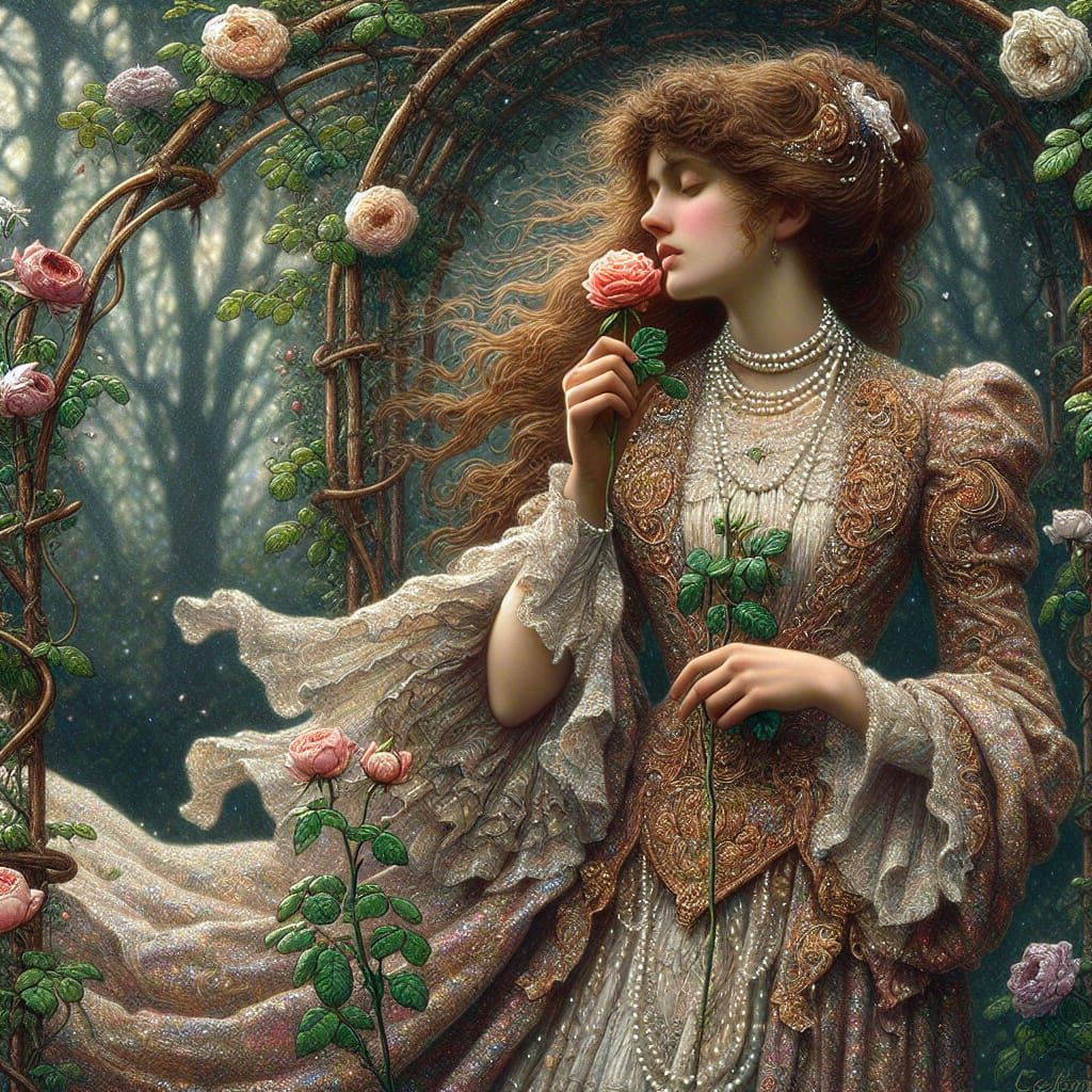 Ethereal Woman with Rose Arbor in Pre-Raphaelite Style