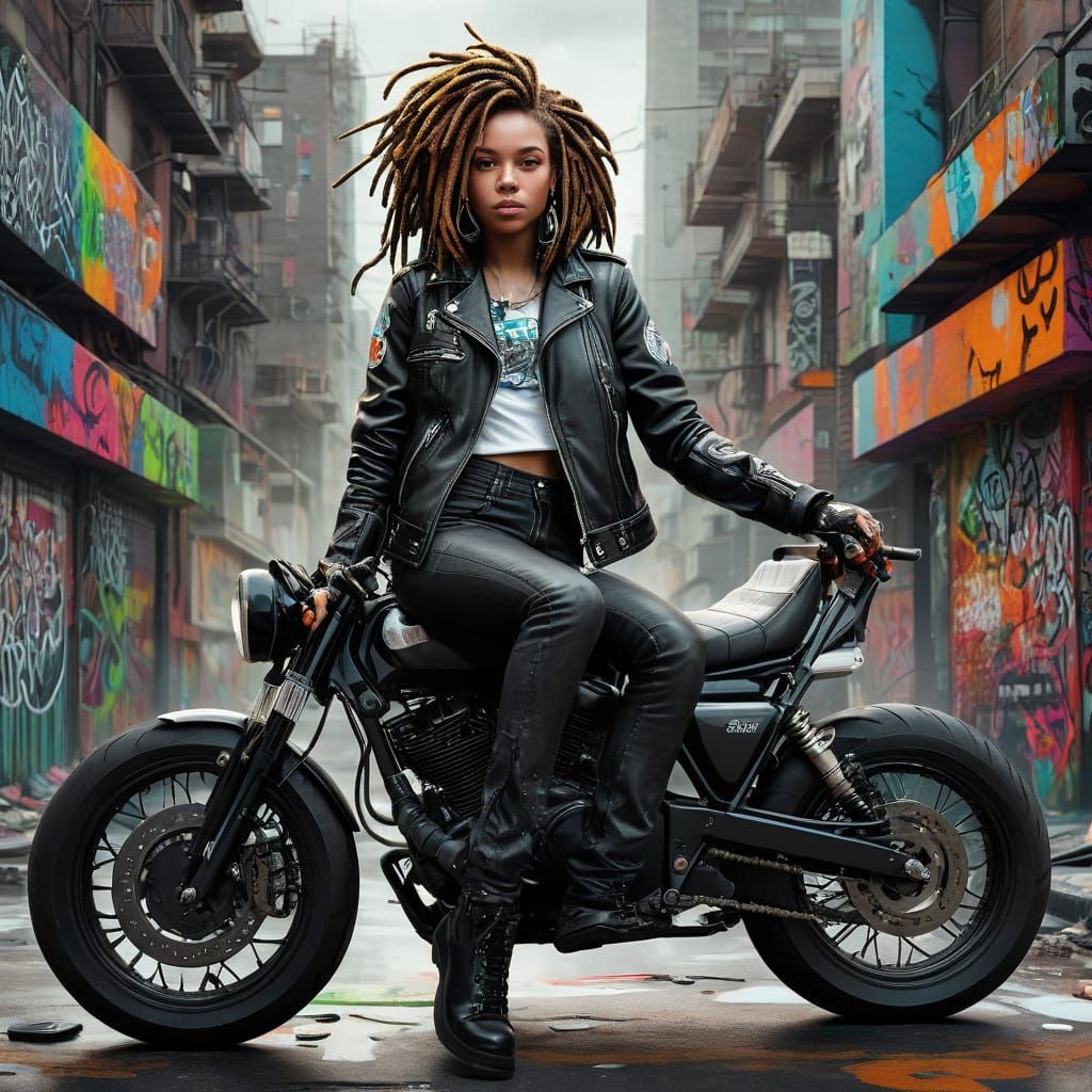 Surreal Cityscape Motorcycle Girl in Bold Graffiti Style