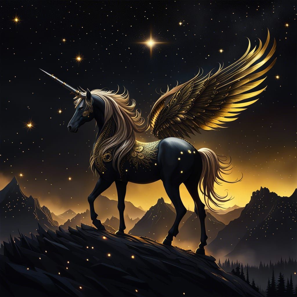 Ombre Unicorn with Gold Wings in Dark Fantasy Style