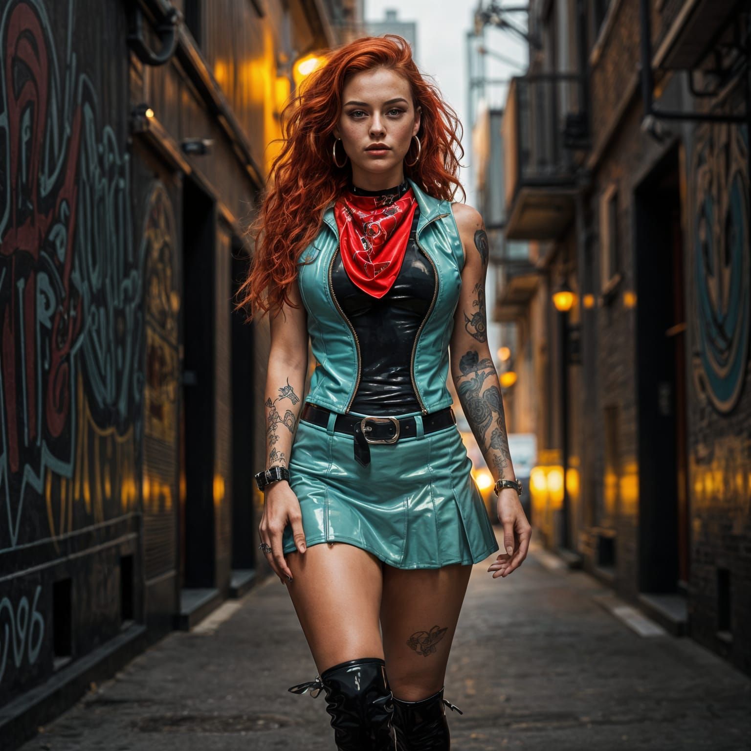 Red Haired Woman in Latex Outfit in Alley