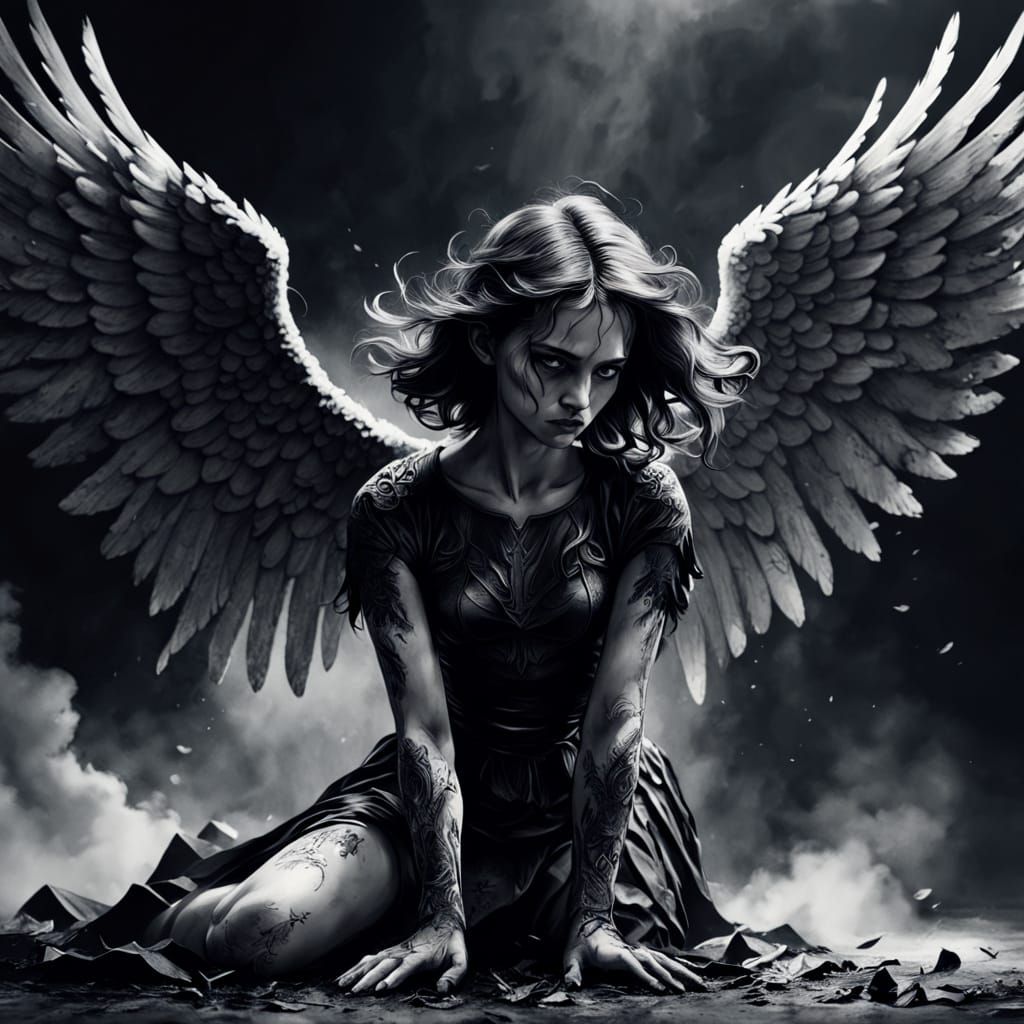 Dramatic Fallen Angel in Cinematic Inking Style