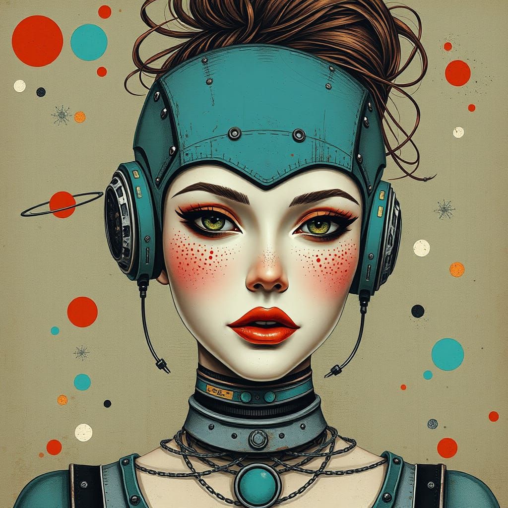 Glitchy Steampunk Robot Woman in Vibrant Retrofuturistic Wor...