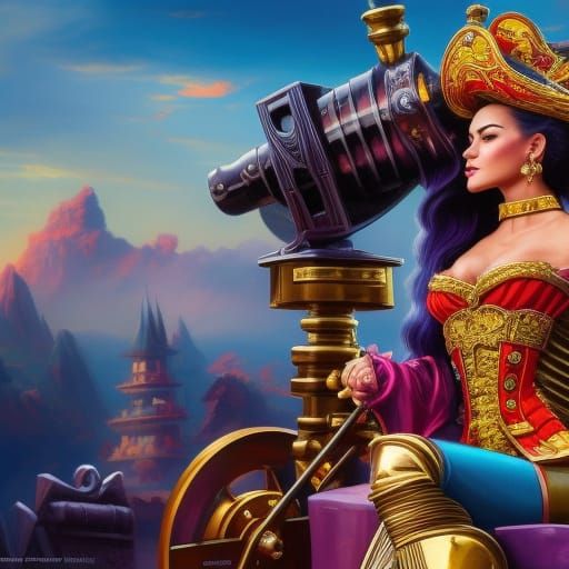 Female pirate sitting ontop of a cannon