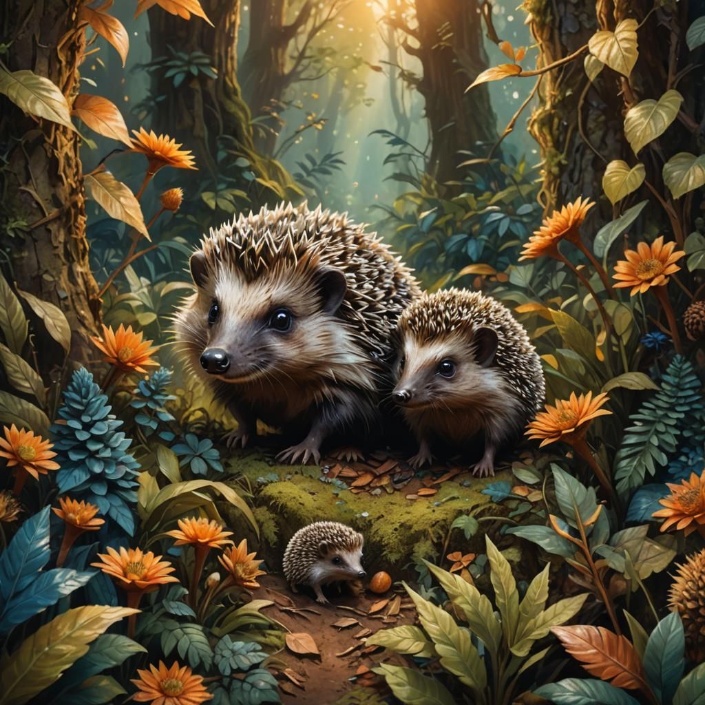Hedgehog and Baby in Lush Forest: Matte Painting