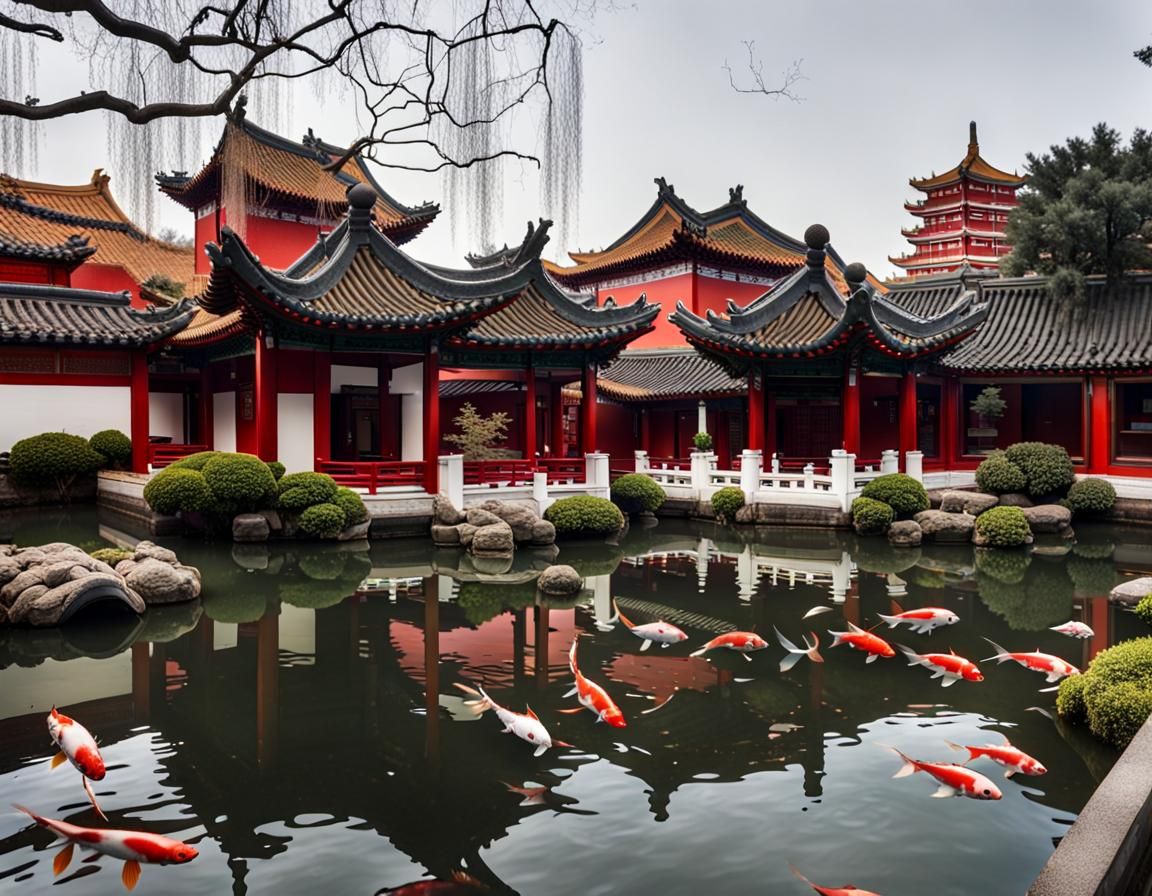 Koi Fish Swimming in a Ming Garden Pond