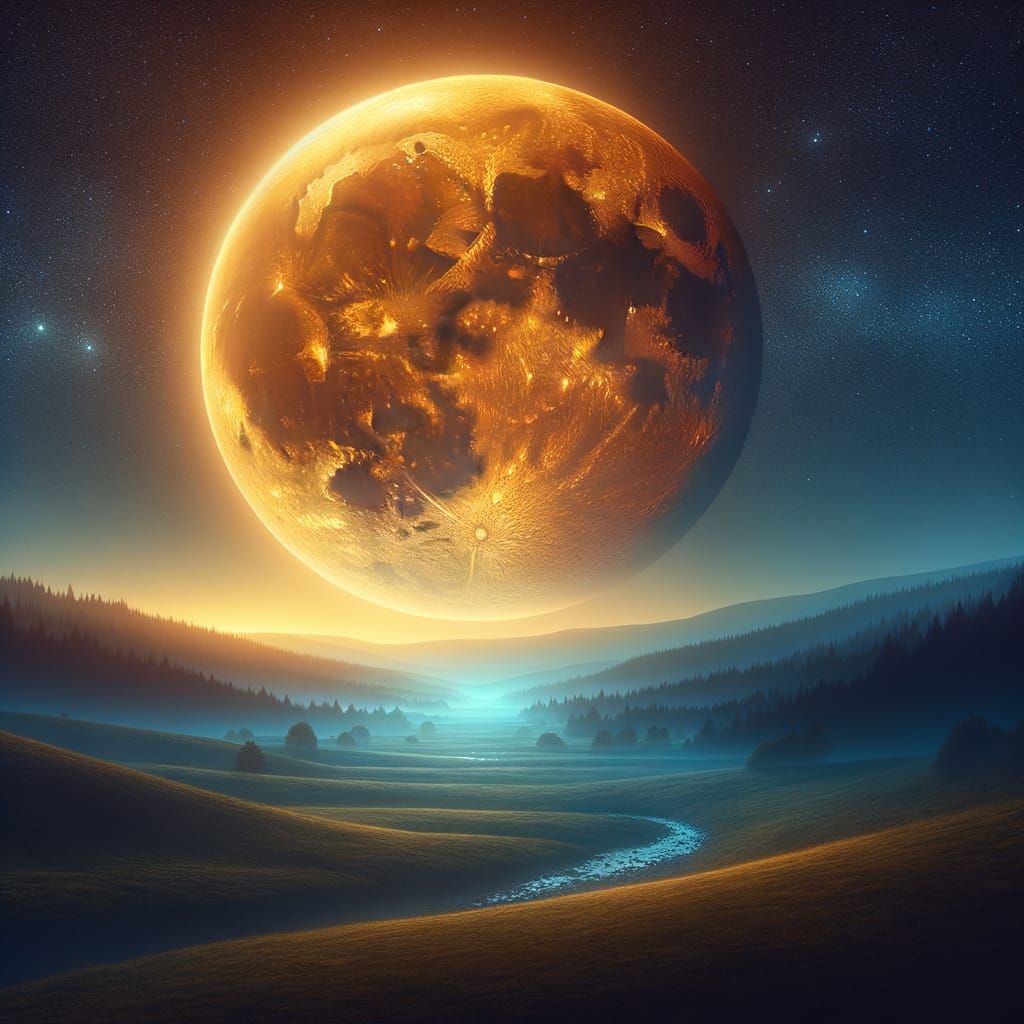 Radiant Moon Ascends Over Tranquil Night Landscape