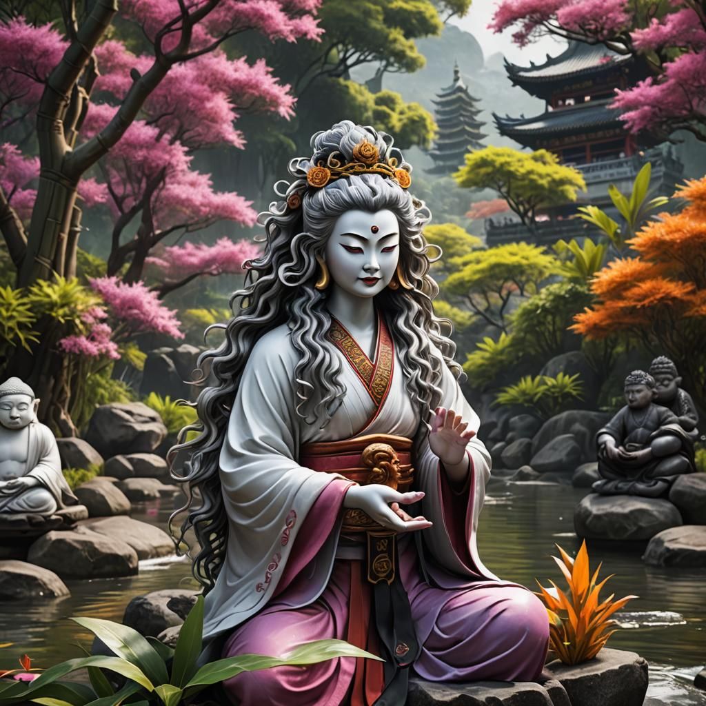 Colorful Kung Fu Scene with Woman and Buddha