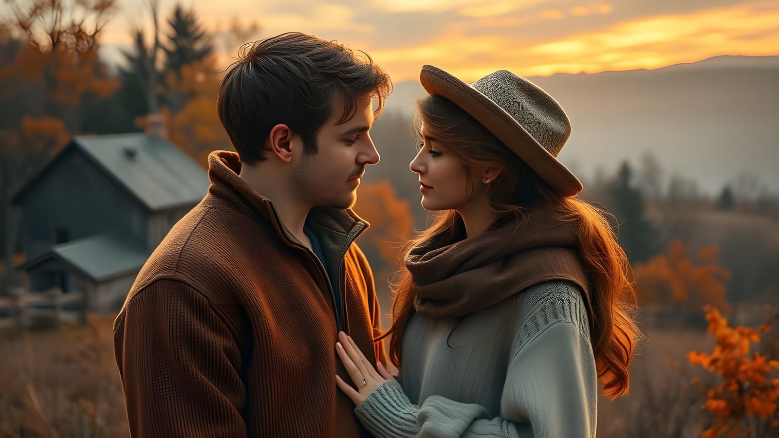 Romantic Couple Gazing in Autumn Twilight