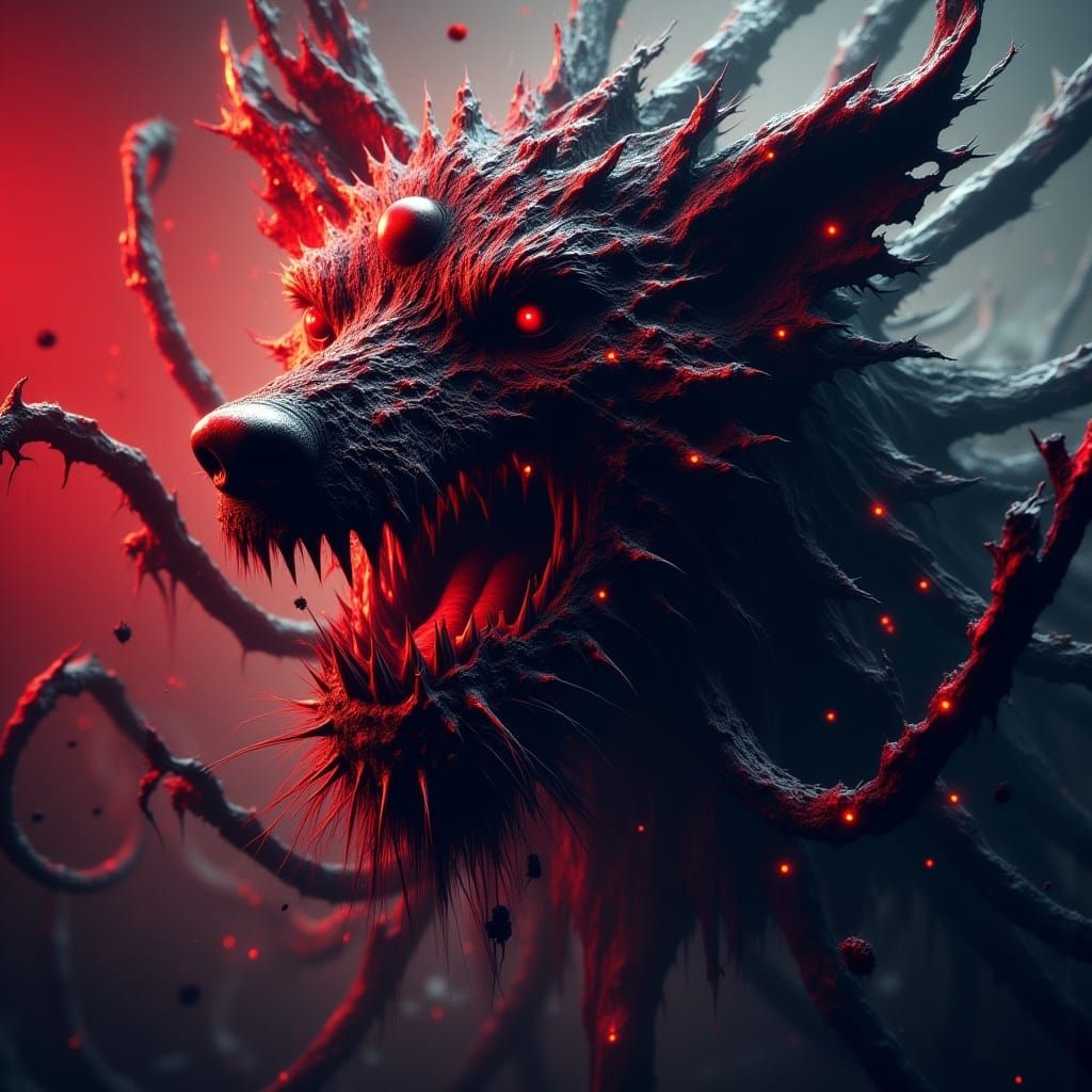 Hyperrealistic Hellhound with Razor Teeth and Red Eyes