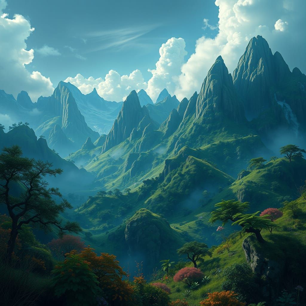 Lush Fantasy Realm with Mystical Mountains