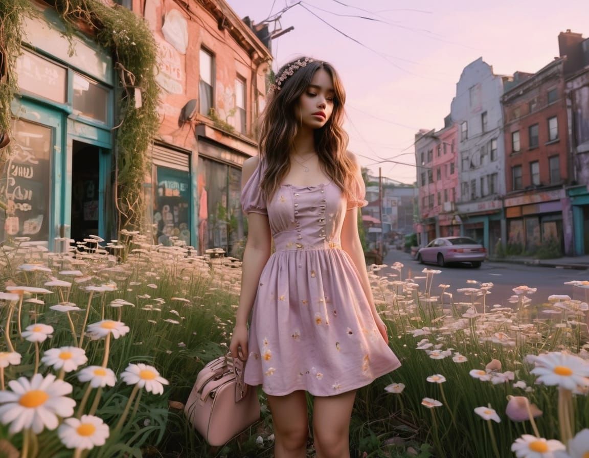 Dreamy City Girl in Kawaii Realism Style