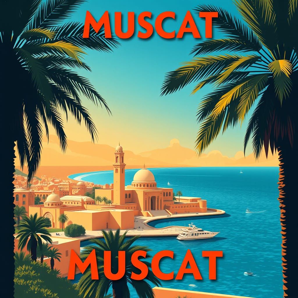 Vintage Art Deco Travel Poster of Muscat, Oman