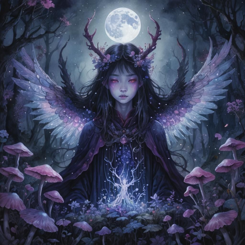 Demonic Angel in Bioluminescent Forest, Watercolor Art