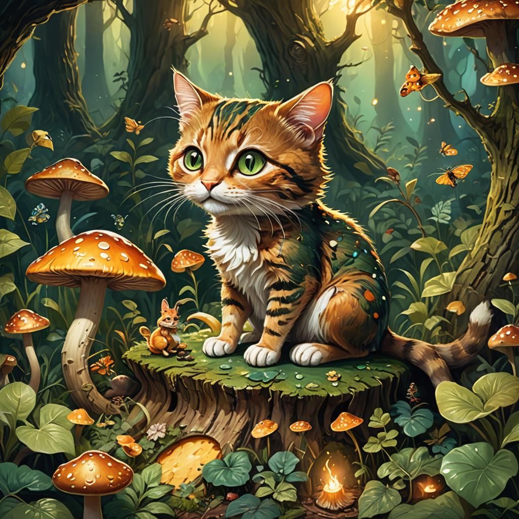 Cat and Mouse Share Cheese in Enchanted Forest