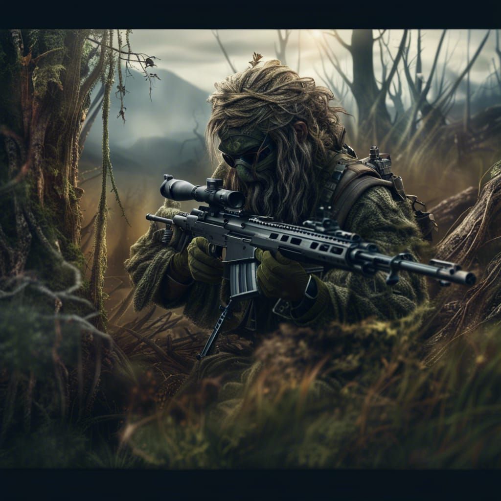 Camouflaged Sniper Stalks Prey in Digital Painting