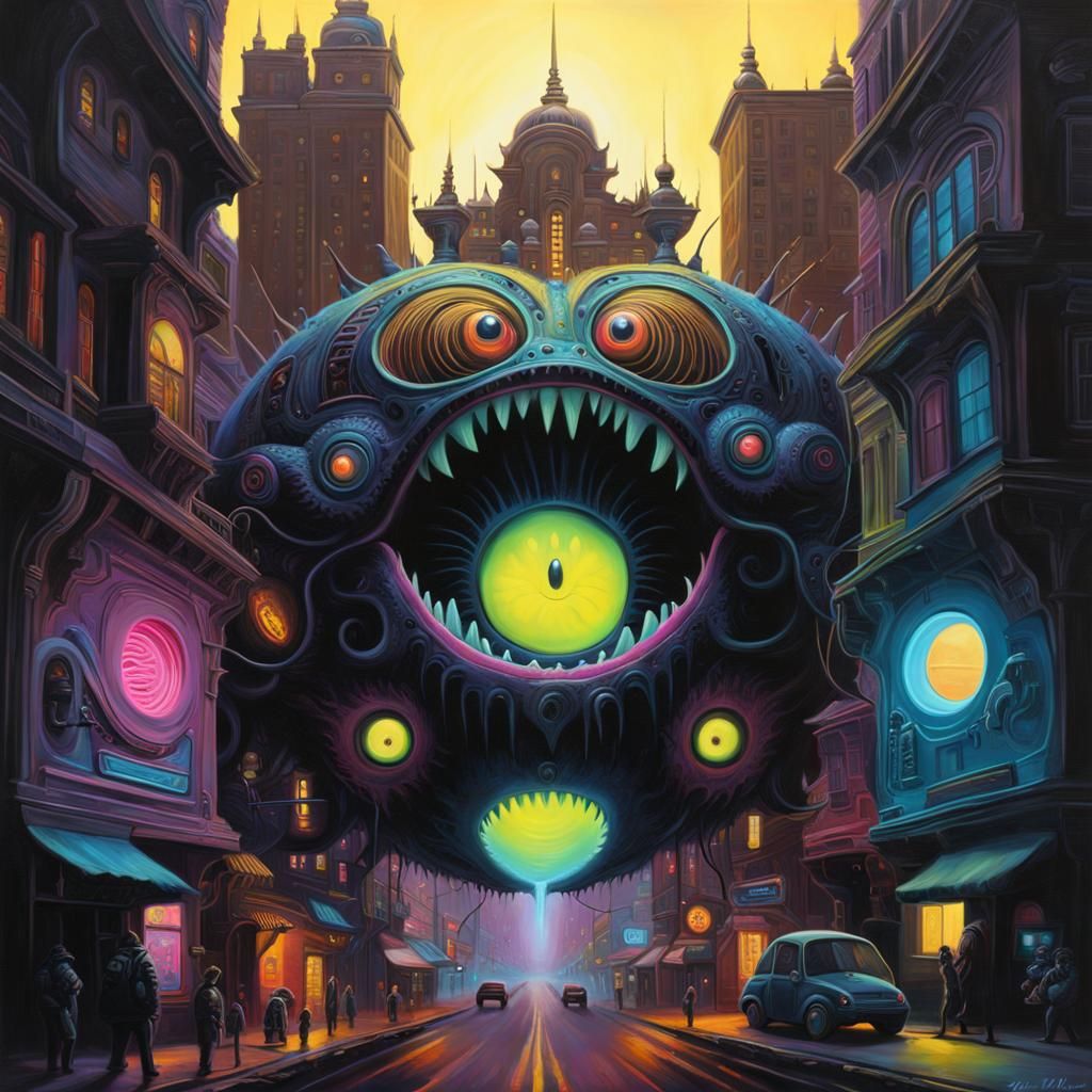 Cyberpunk Monster Smiles in Surreal Cityscape
