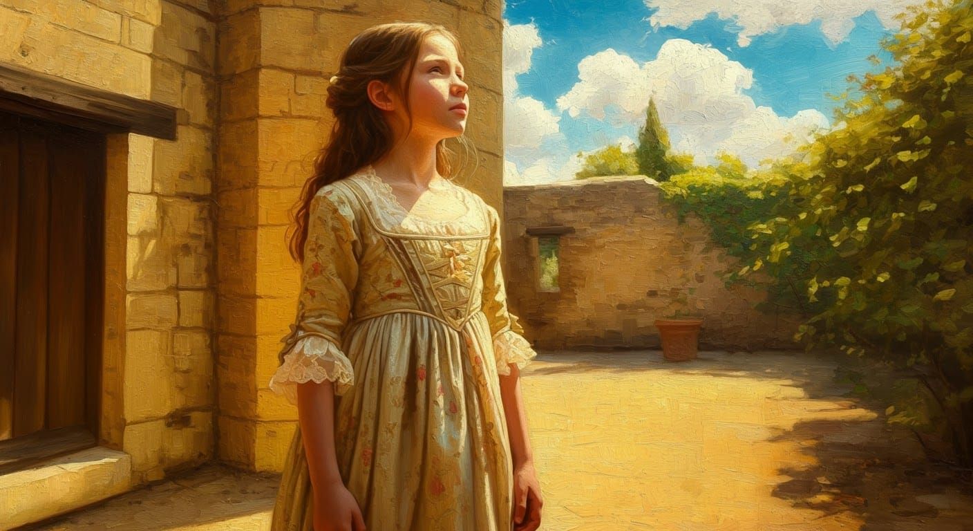 Renaissance Girl in Sunlit Courtyard: An Impressionistic Pai...