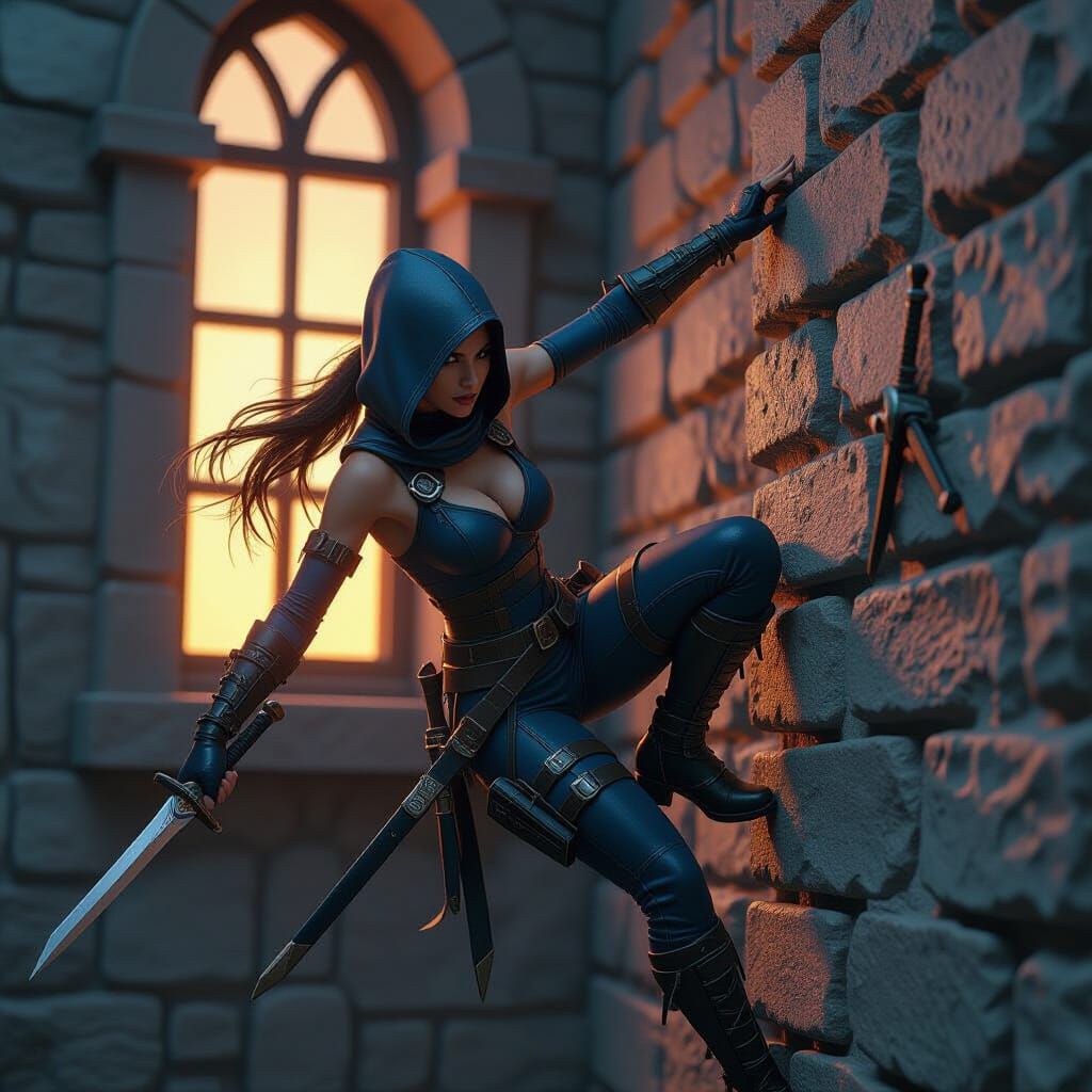 Assassin Ascends Wall Towards Window in Dynamic Concept Art
