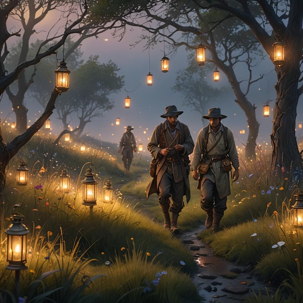 Twilight Workers in Dew-Kissed Meadow: Concept Art
