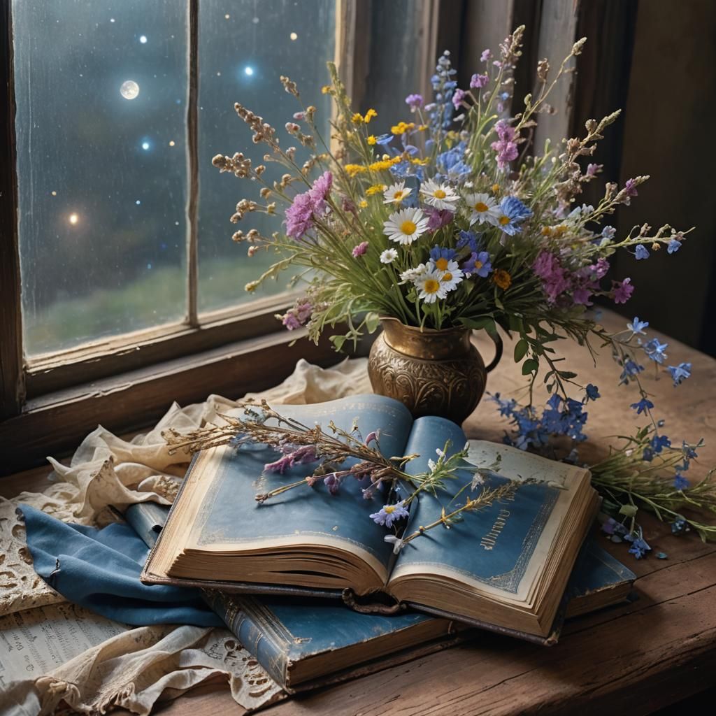 Moonlit Book with Wildflowers in Art Nouveau Style