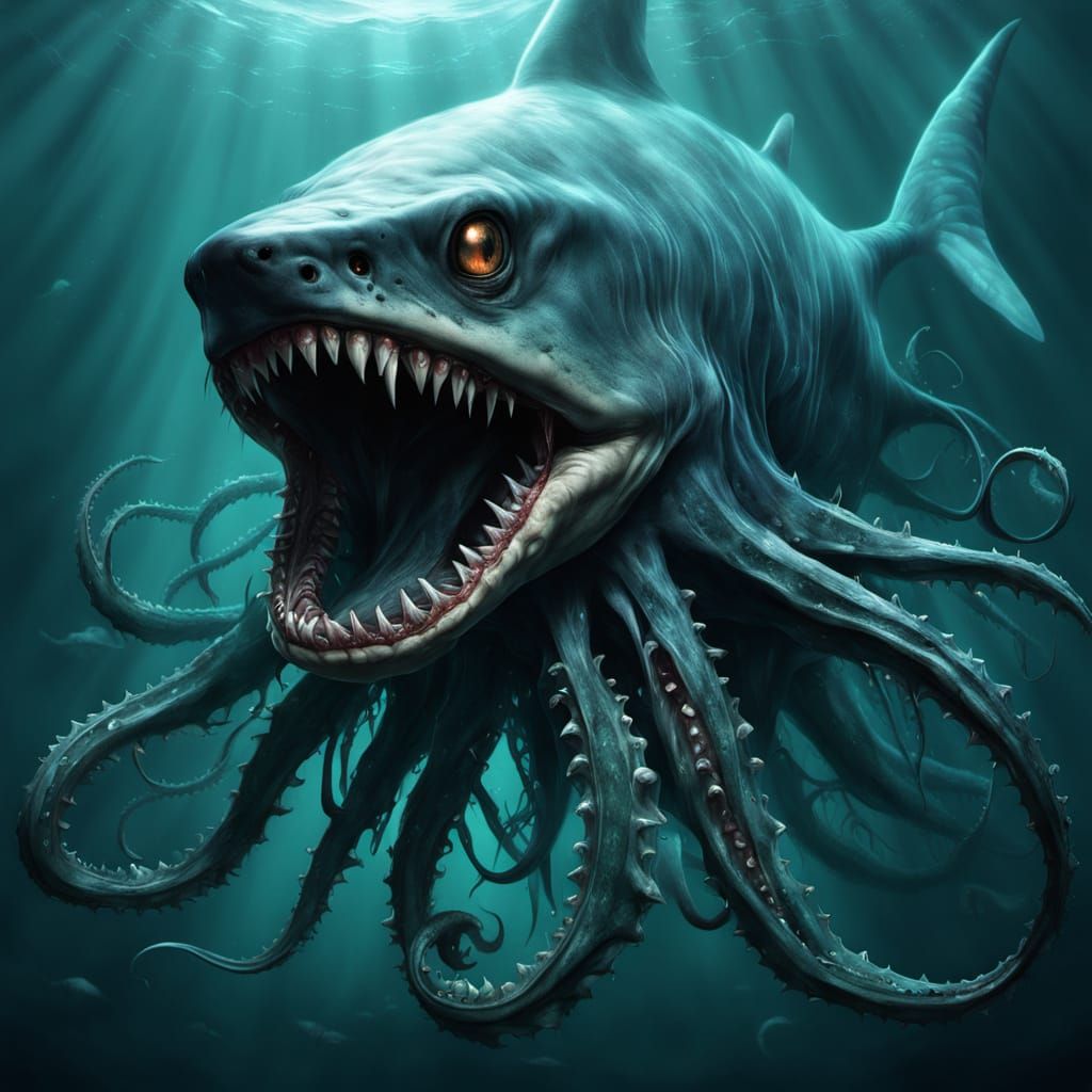 Bioluminescent Shark Squid Hybrid in Dark Fantasy Depths