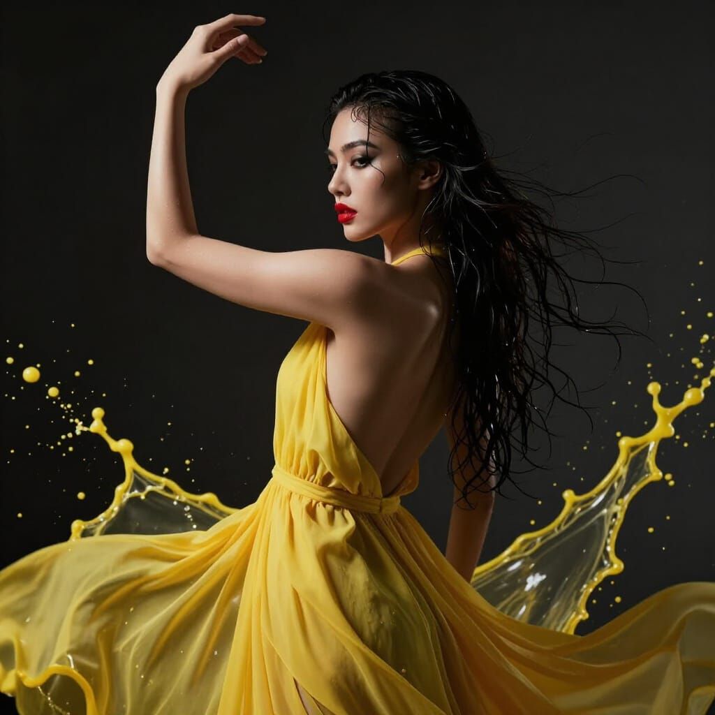 Woman in Yellow Dress with Wet Hair in Dramatic Lighting