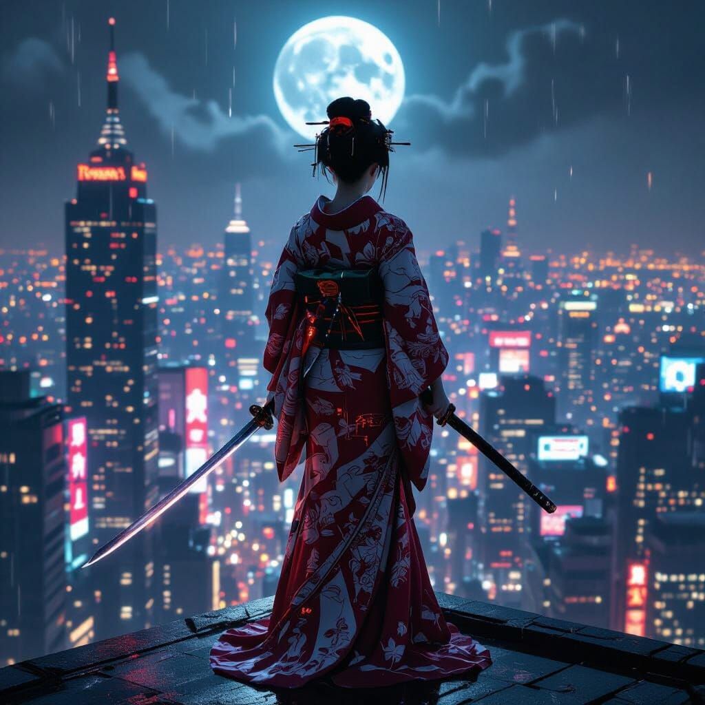 Lone Geisha Warrior in Futuristic Neon City