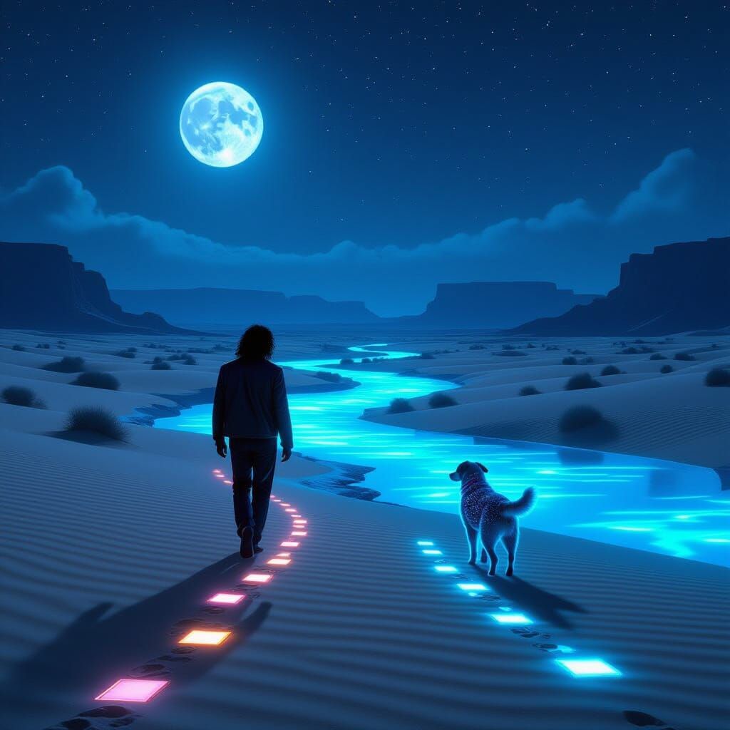 Moonlit Desert Walk with Star Dog, Neon River