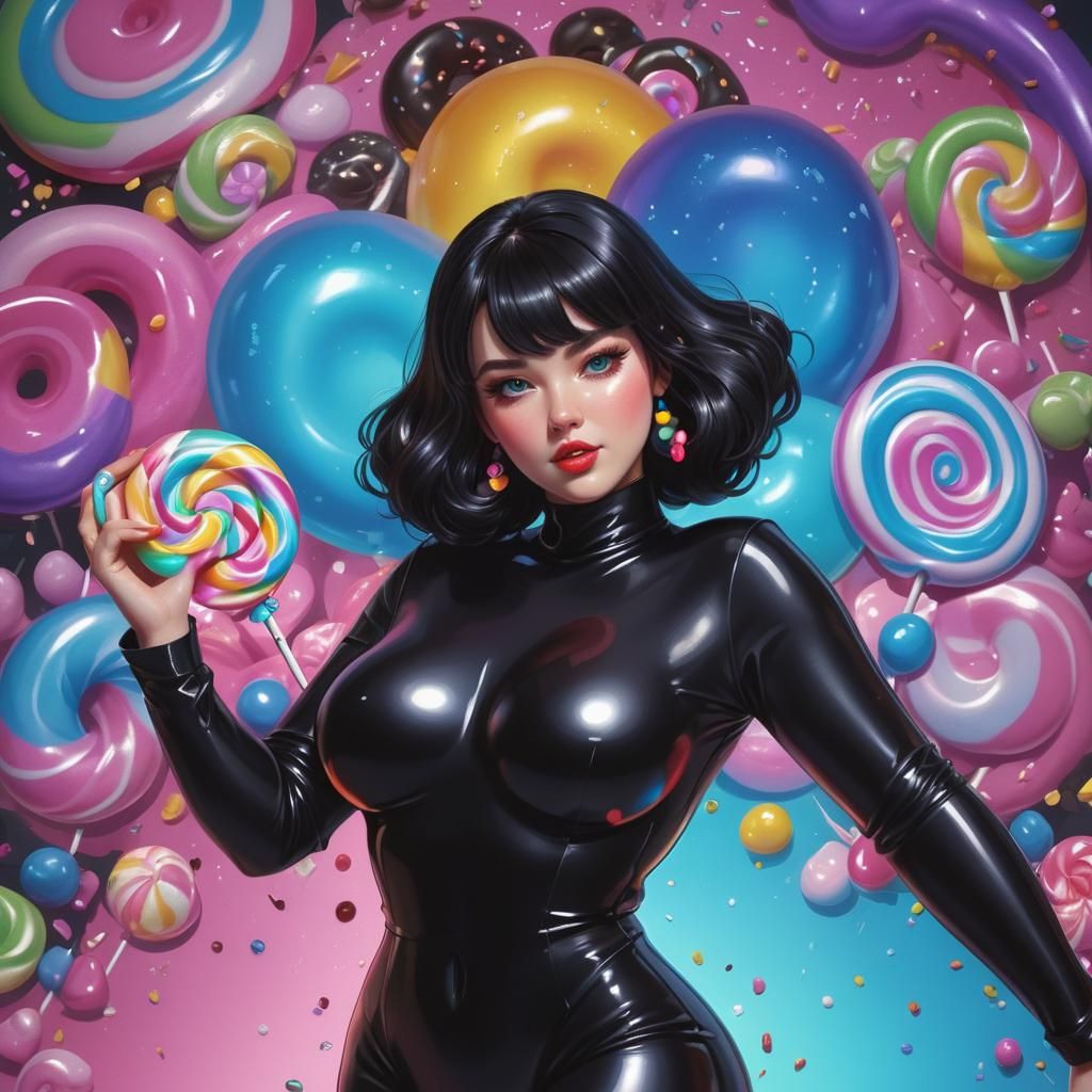Pretty Woman in Candy Art Style Black Suit