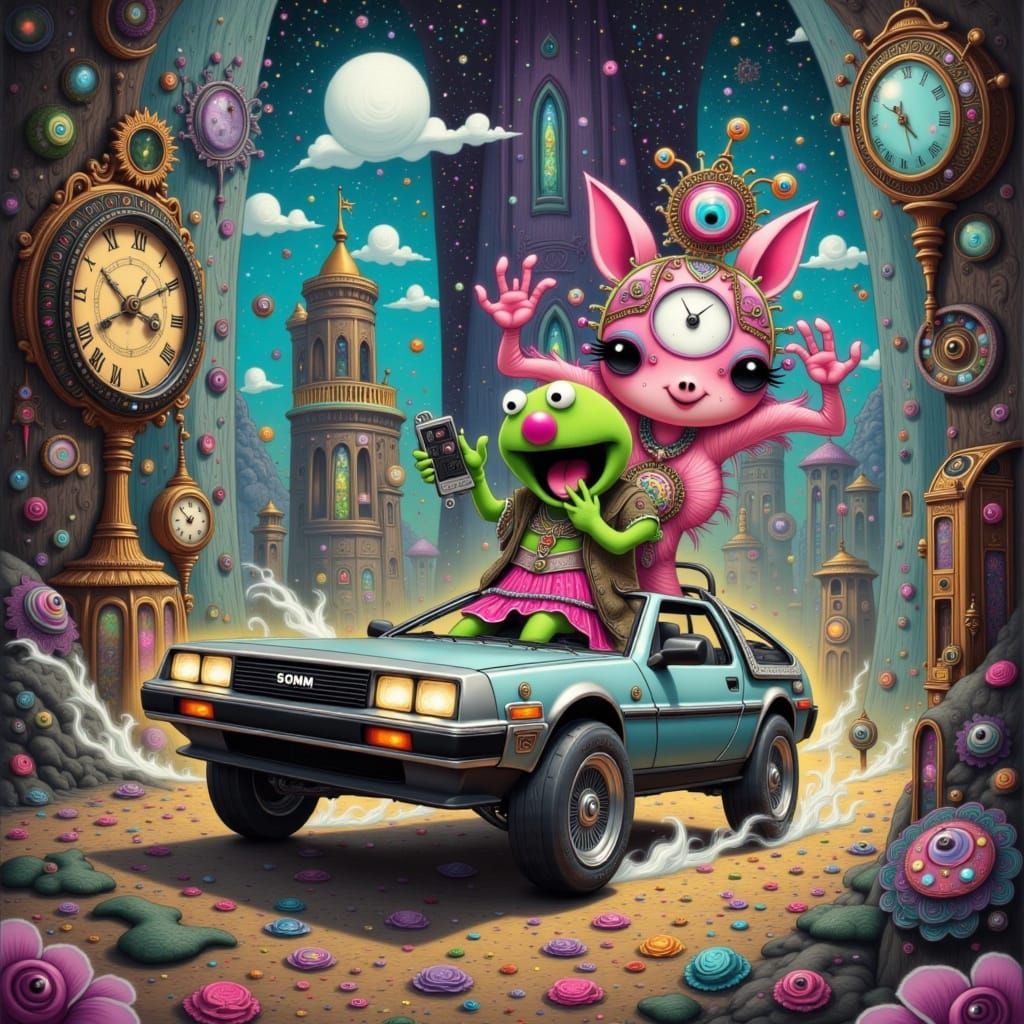 Kermit and Miss Piggy in DeLorean, Jim Henson Style