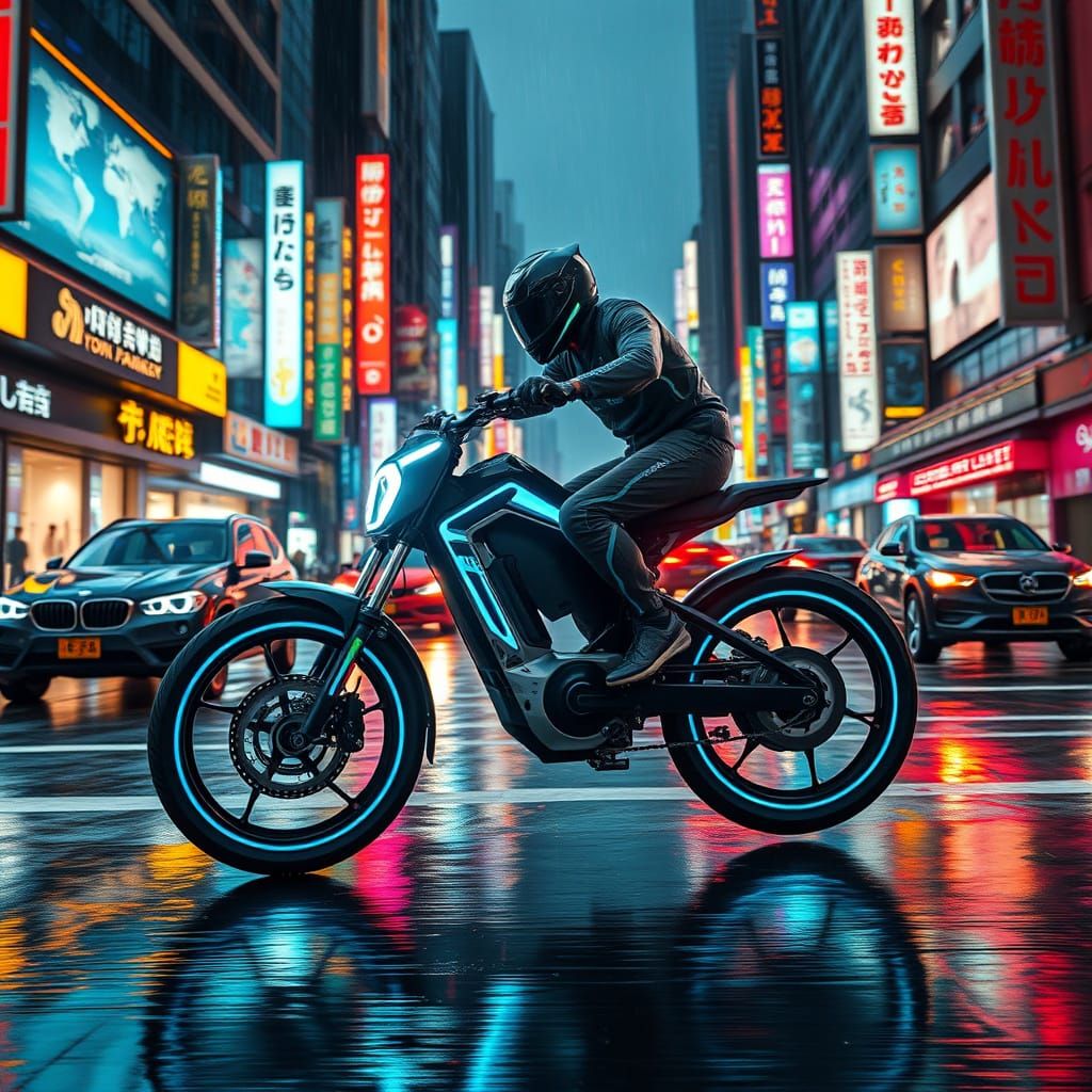 Cyberpunk E-Bike Soaring Through Tokyo Streets