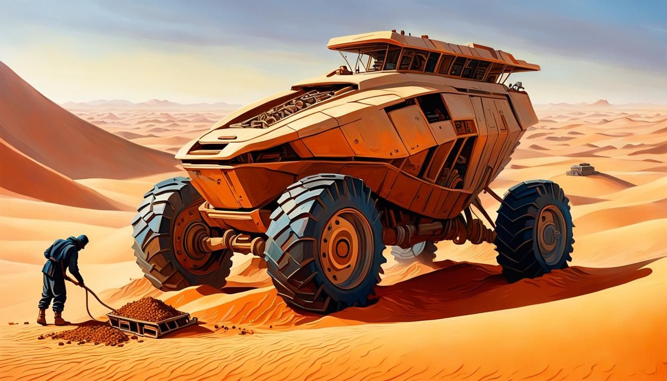 Dune Fremen Repairs Spice Harvester: Oil Painting