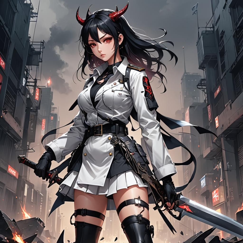 Anime Devil Woman with Sword in Cyberpunk Art Style