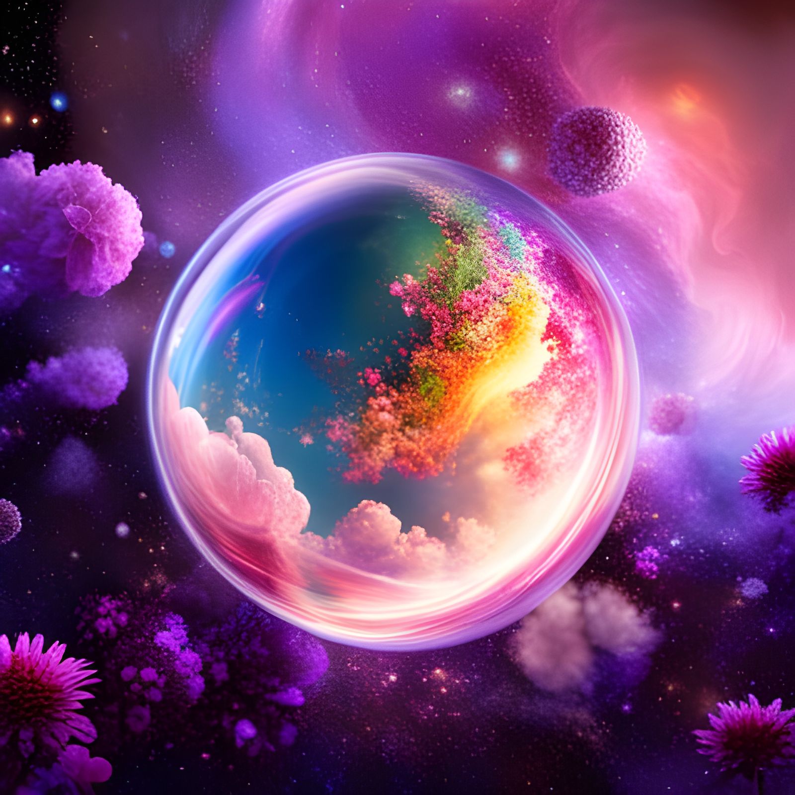 Soap Bubble in Space with Flowers