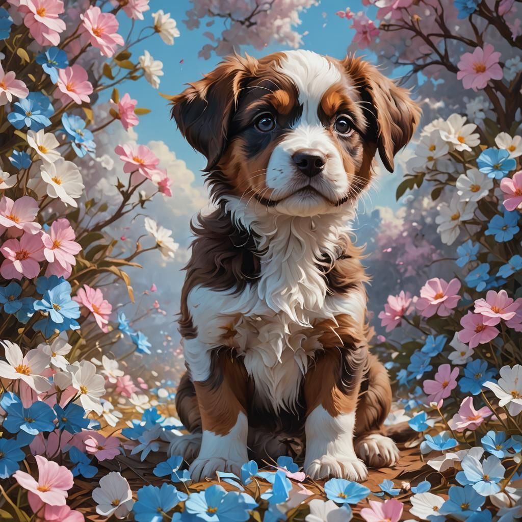 Brown and White Puppy Impasto Painting in 4K