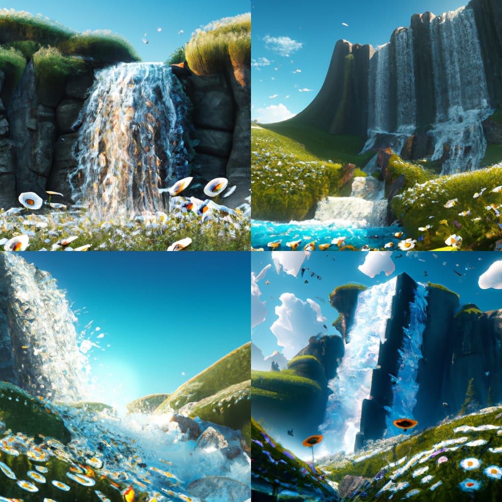 Waterfall in Daisy Field: Fantasy Concept Art