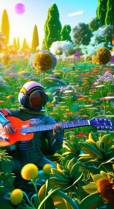 Astronaut playing music in a flower garden