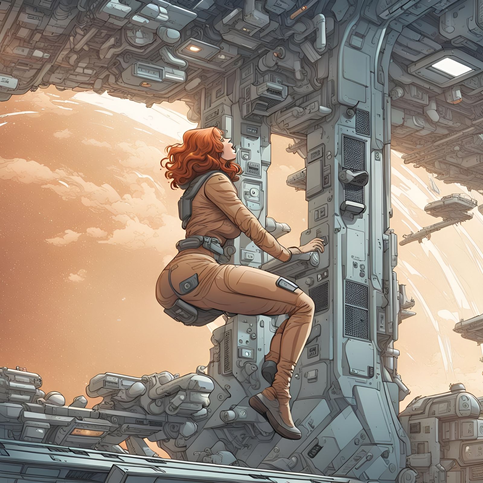 Ginger Woman Working on Space Station in Comic Style