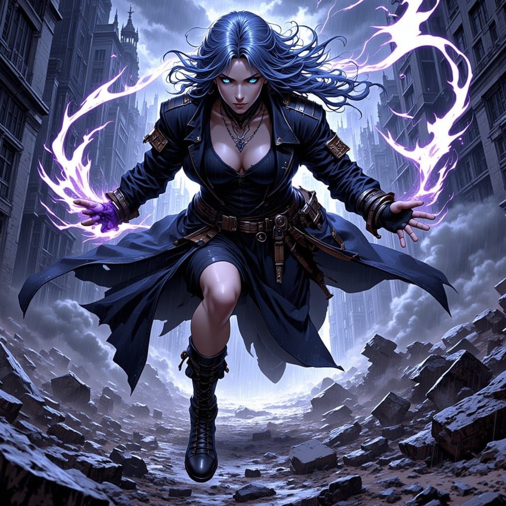 Dark Gothic Hero in Mid-Air Kick, Manga Art Style